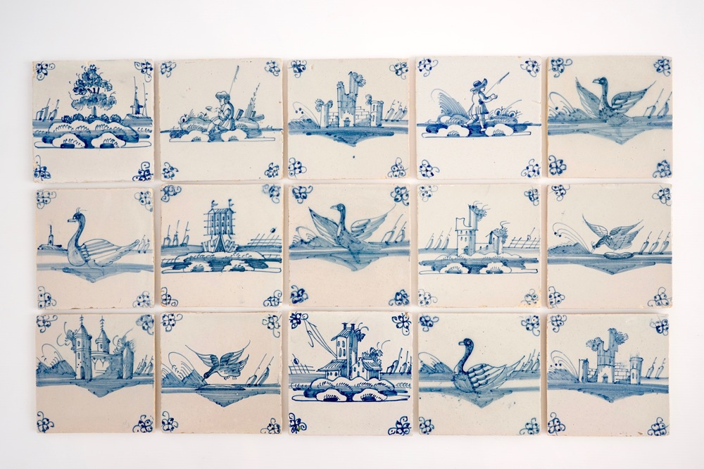 A set of 15 blue and white Dutch Delft tiles, 18th C.