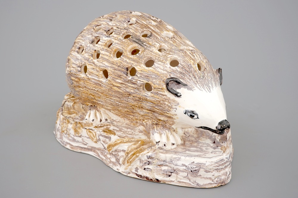 A polychrome flower holder shaped as a hedgehog, North of France, 18/19th C.