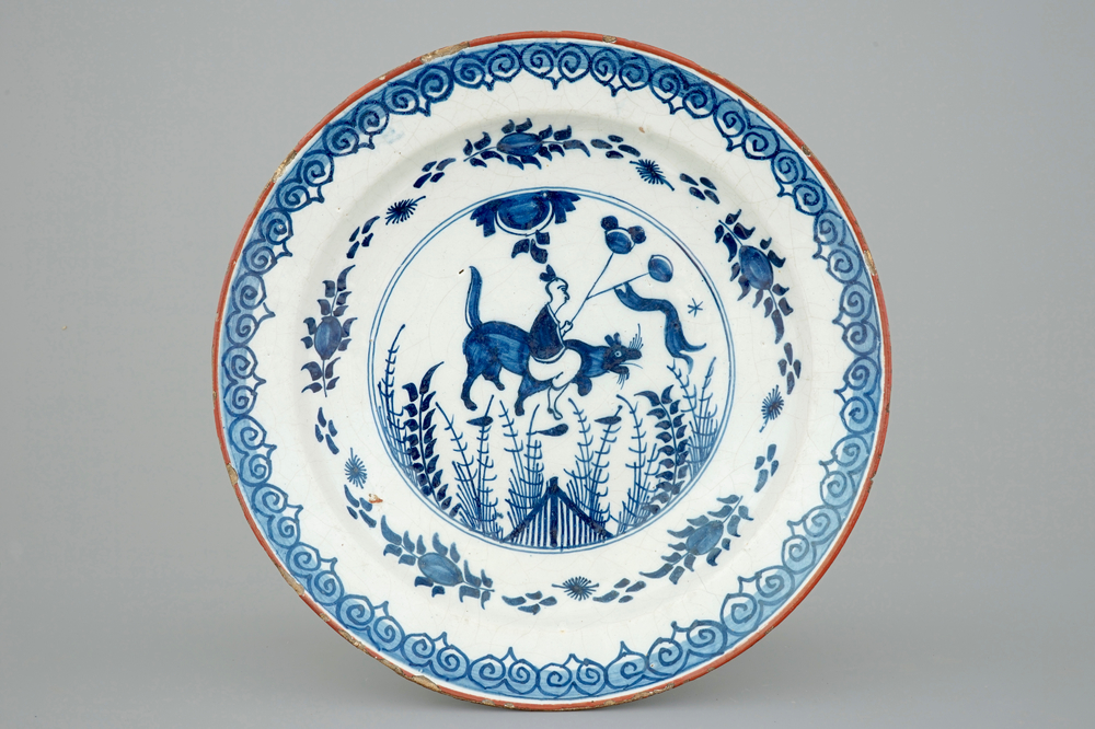 A blue and white Dutch Delft chinoiserie dish, 18th C.