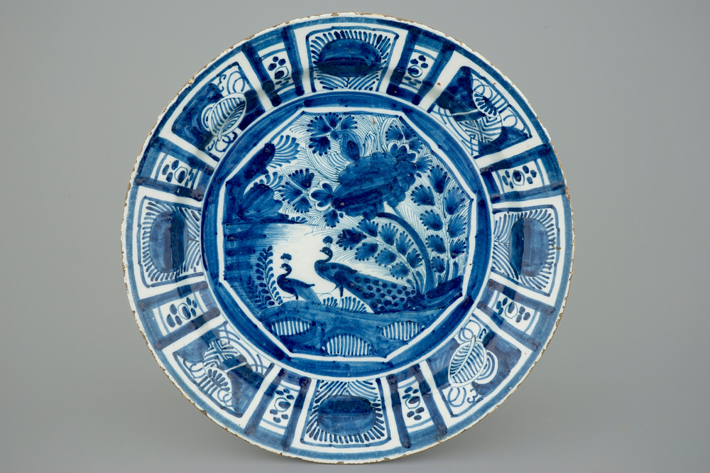 A large blue and white Dutch Delft chinoiserie dish in kraak style, 18th C.