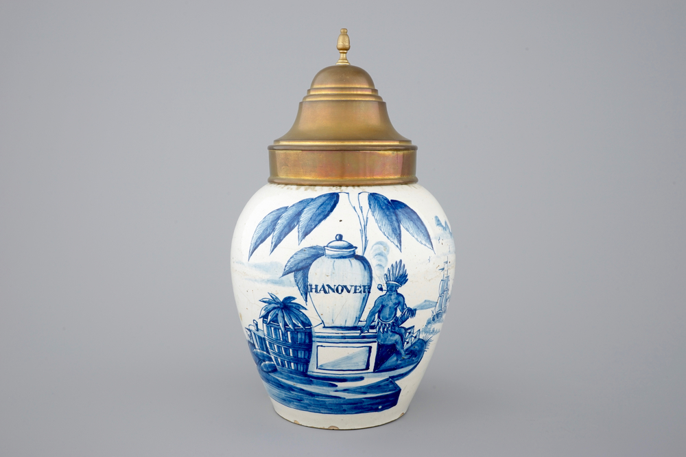 A Dutch Delft tobacco jar with indians, 18th C.