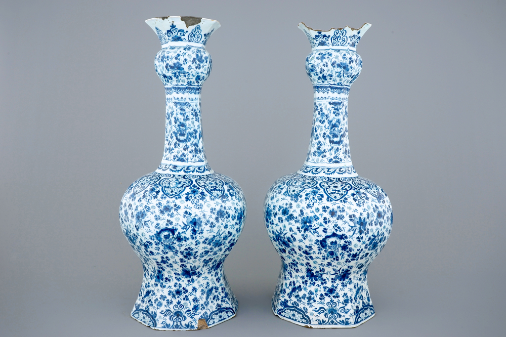 Two large Dutch Delft garlic neck vases with millefiori design, late 17th C.