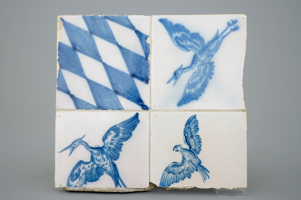 A Dutch Delft tile panel with birds of prey from Jagdschloss Falkenlust, ca. 1730