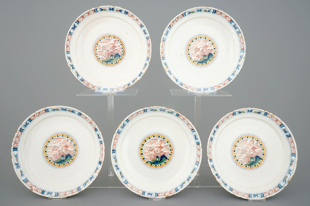 A set of 5 Dutch Delft plates with chinoiserie landscapes, 18th C.