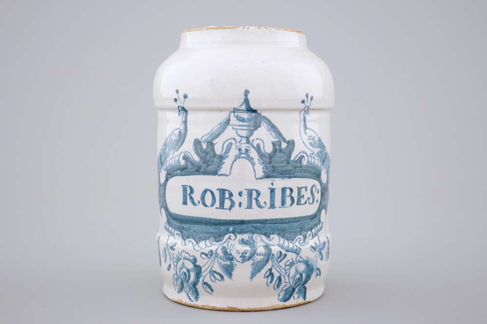 A Dutch Delft pharmacy jar 'Rob:Ribes:', Makkum, Friesland, 18th C.