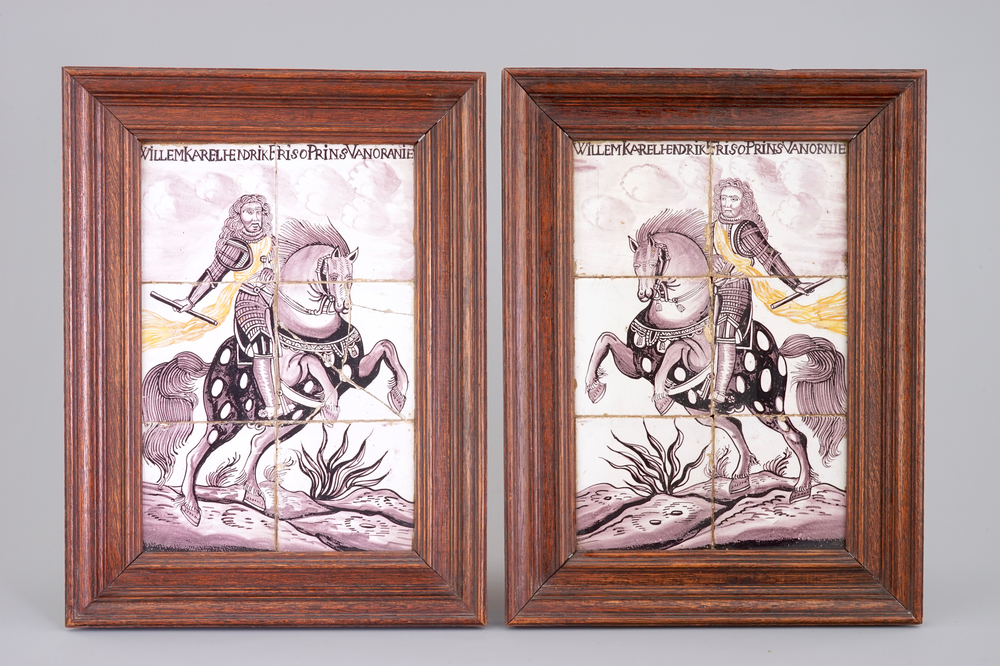 Une paire de panneaux de carreaux au d&eacute;cor du Prince d'Orange Guillaume sur cheval, 18&egrave;me