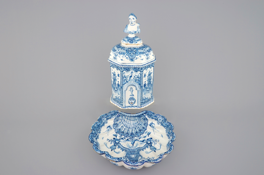 A Dutch Delft blue and white wall cistern with basin, 18th C.