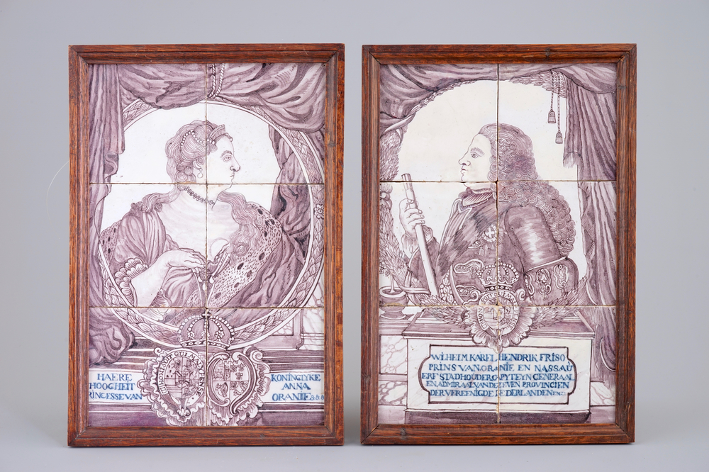 Een paar Delftse tegeltableaus met Willem IV &amp; Anna van Oranje-Nassau, 18e eeuw