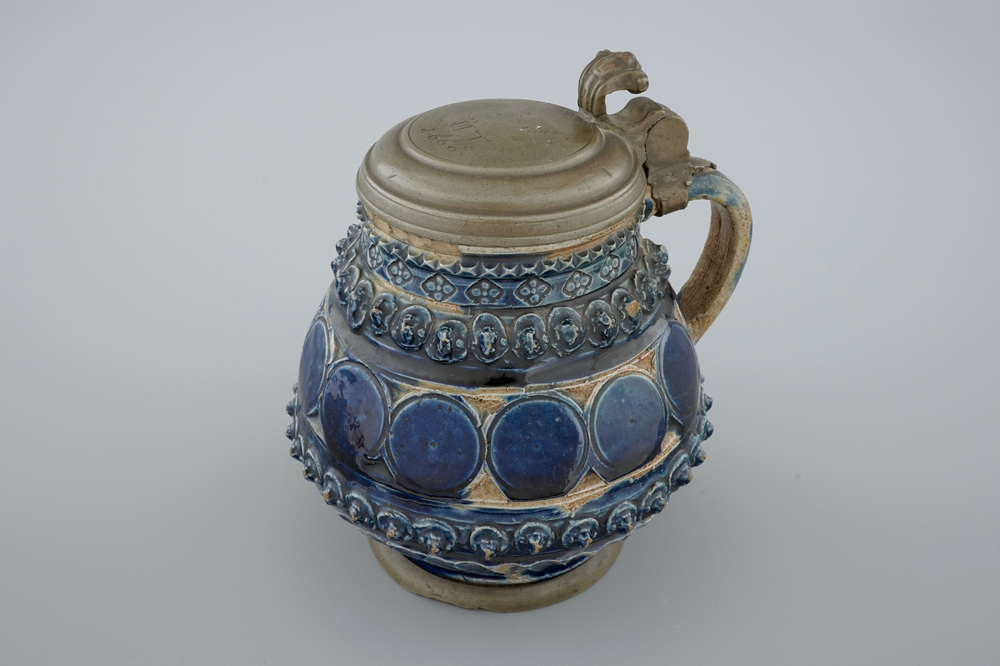 A pewter-mounted Muskau stoneware stein, dated 1660