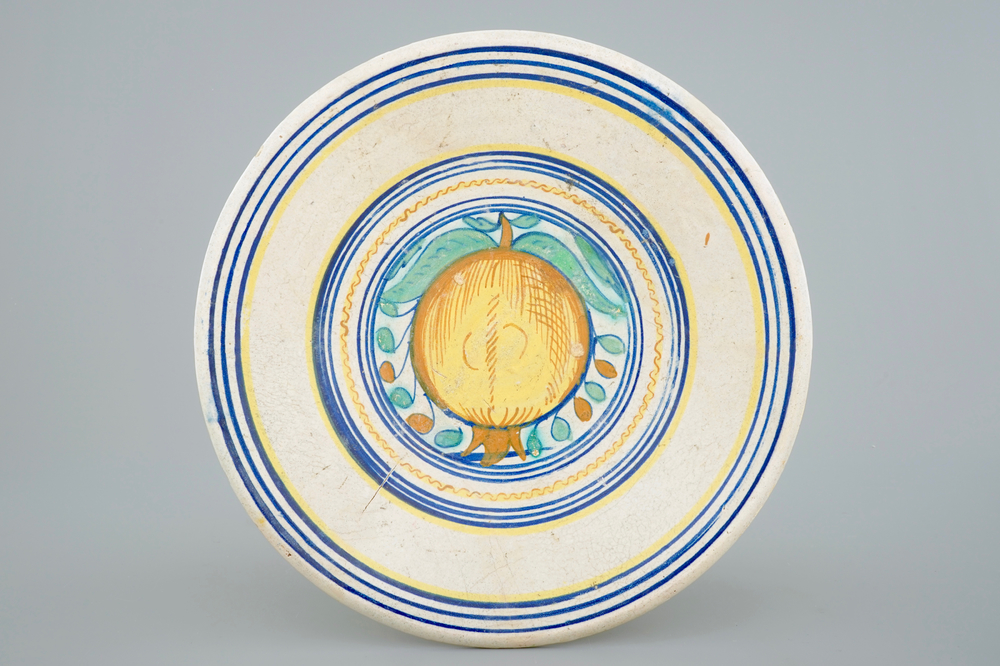 A polychrome maiolica dish with an orange, Antwerp or Haarlem, ca. 1580-1600
