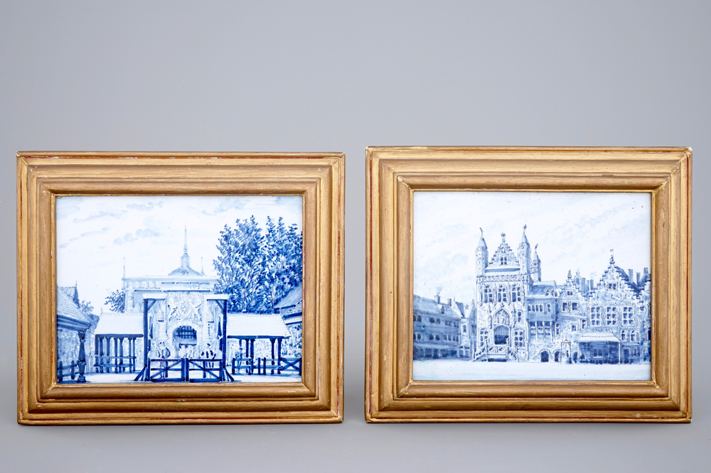 Two Dutch Delft blue and white plaques with city views, Makkum, 19th C.