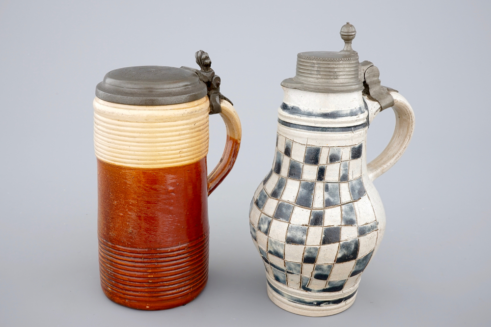A stoneware jug and a K&ouml;ln pewter-mounted jug, 18th c.