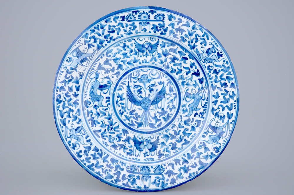 A blue and white dish with double eagles, Delft or Haarlem, 17th C.