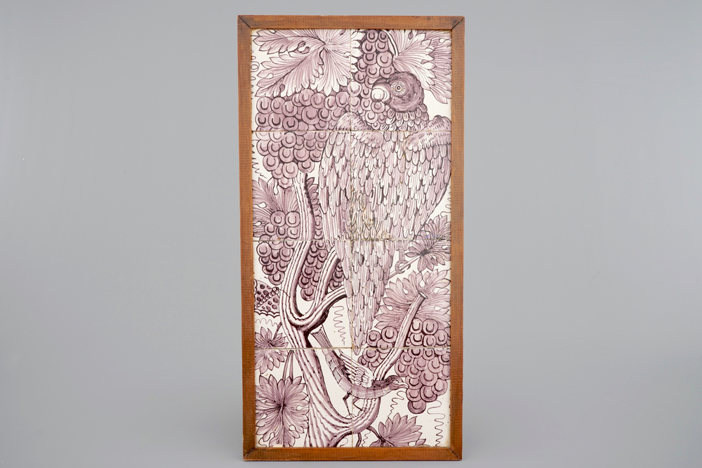 A manganese Dutch Delft tile panel with a parrot, 18th C.