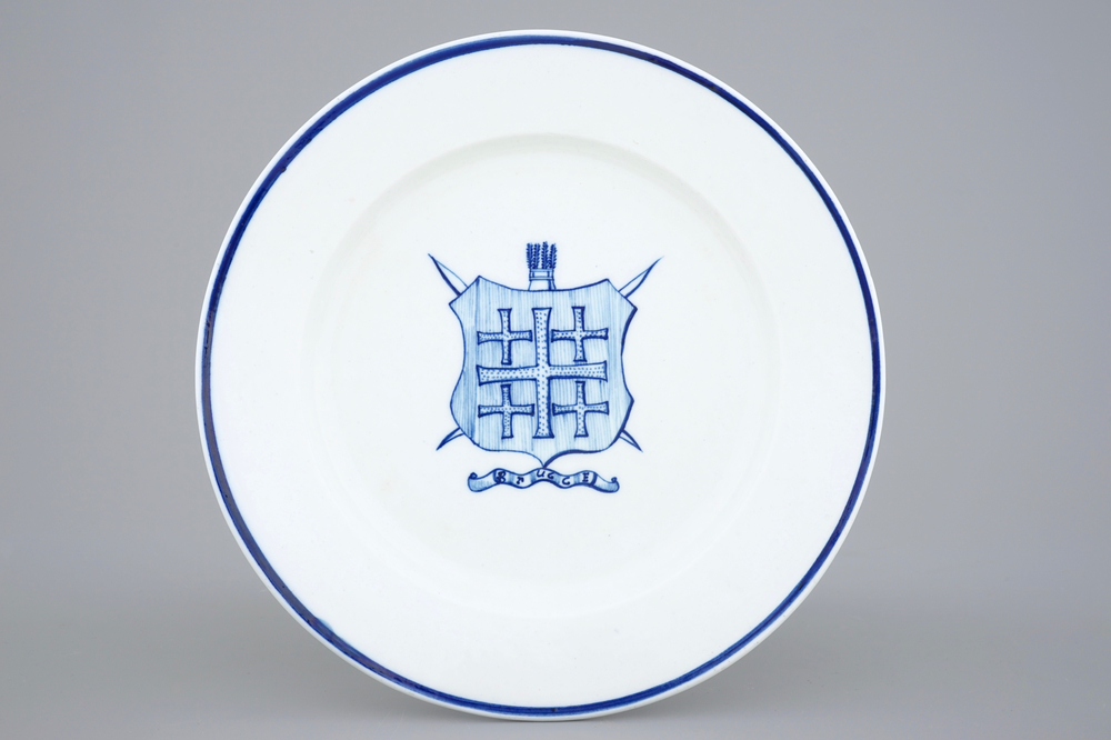 A Tournai porcelain plate with the arms of St.-Sebastian's Archers Guild and inscribed Brugge, 18th C.