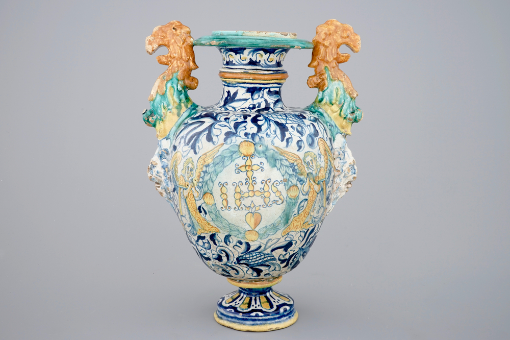 An Antwerp maiolica altar vase with a foglie decoration and IHS-panel, 16th C.