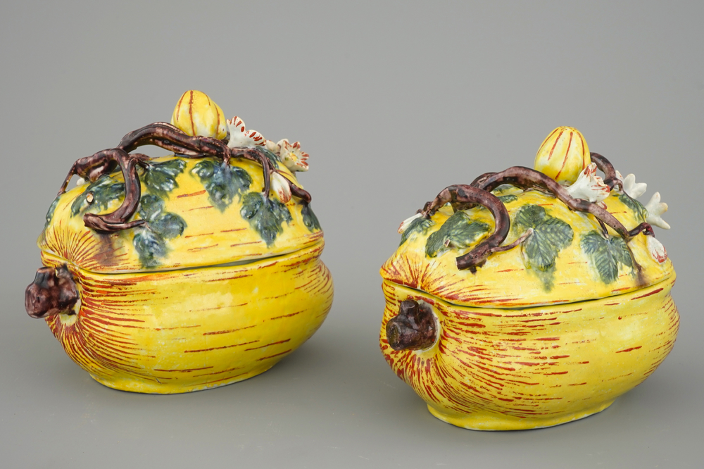 A pair of polychrome Dutch Delft pumpkin tureens and cover, 18th C.