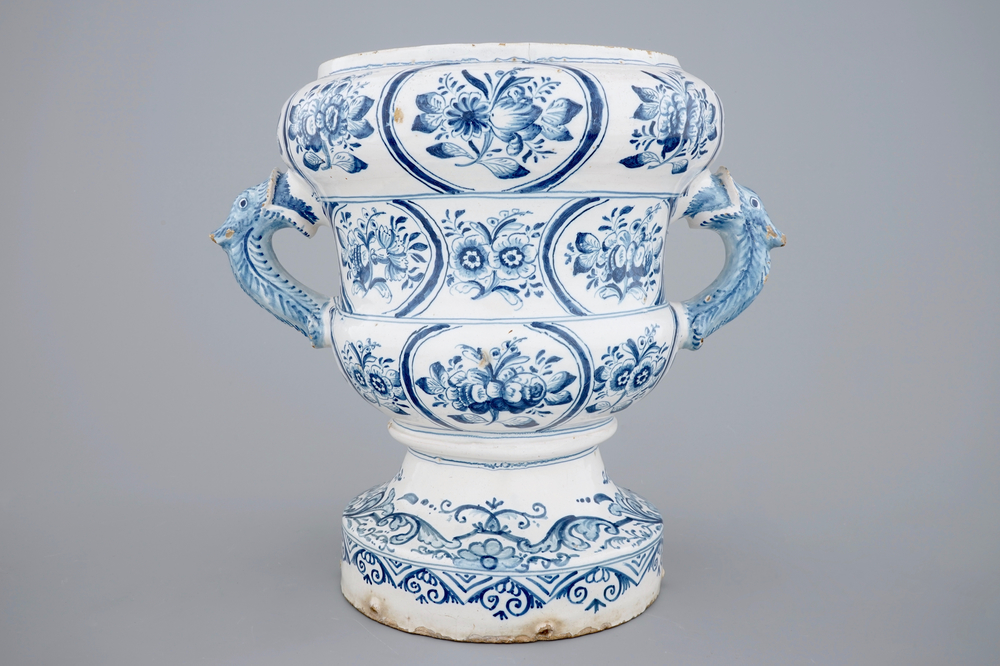 A large blue and white two-handled flower pot, Makkum, Friesland, 18th C.