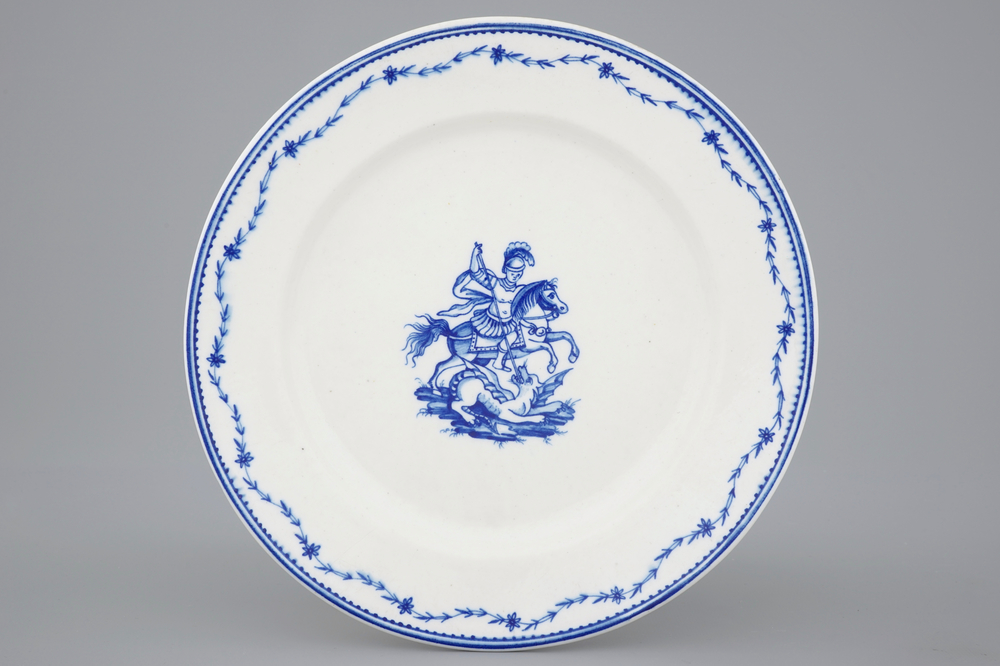 A Tournai porcelain plate with Saint-Georges fighting the dragon, 18th C.