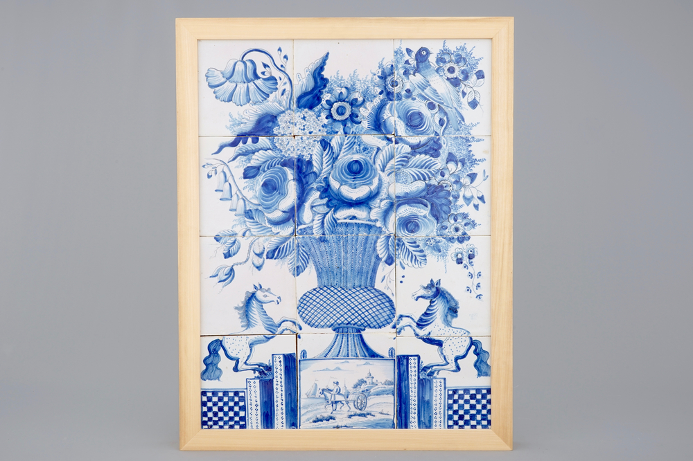 Un grand tableau de carreaux de Delft au d&eacute;cor d'un vase fleuri, Makkum, la Frise, 19&egrave;me