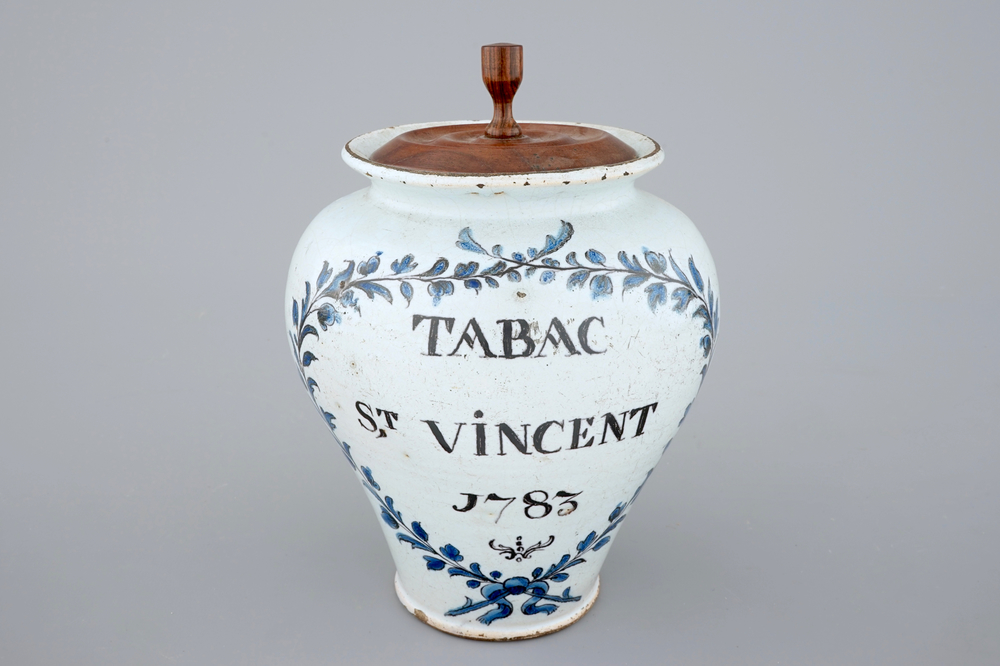 A small tobacco jar with wooden cover, North of France, 18th C.
