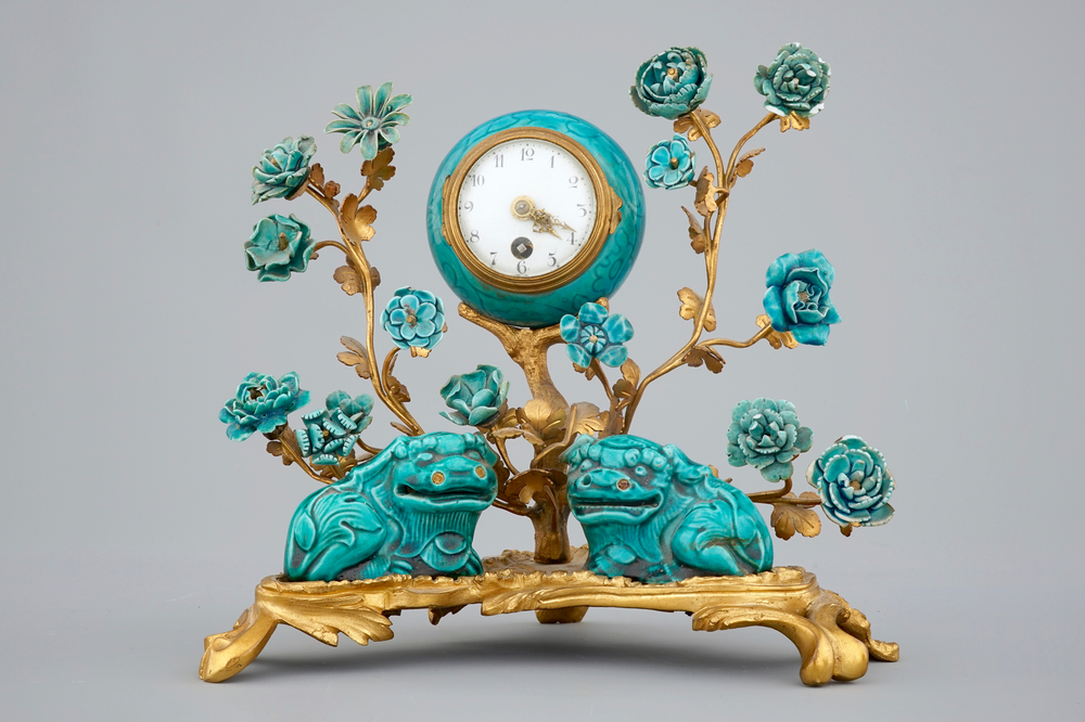 A Louis XV style ormolu-mounted clock with Samson porcelain group, 19th C.