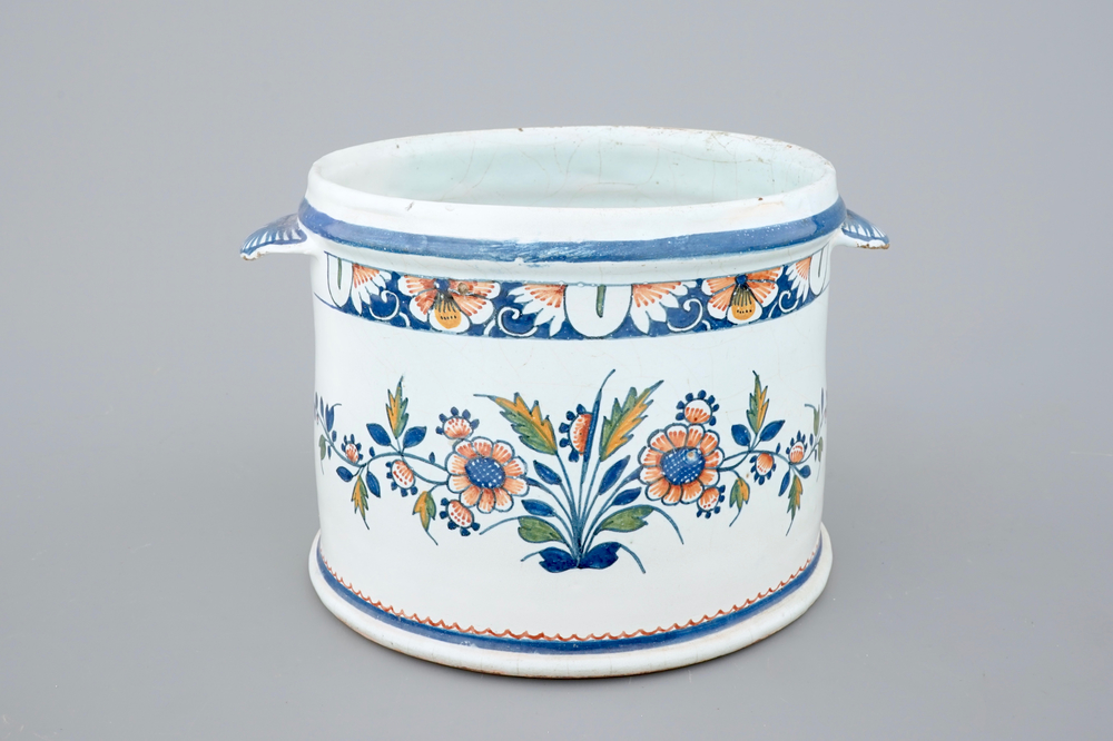 A polychrome French faience wine cooler, Rouen, 19th C.
