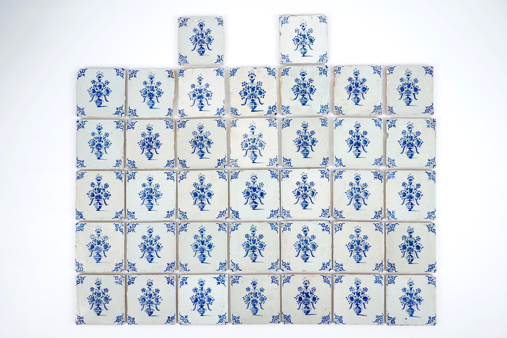 A set of 37 antique Dutch Delft flower pot tiles, 17th C.