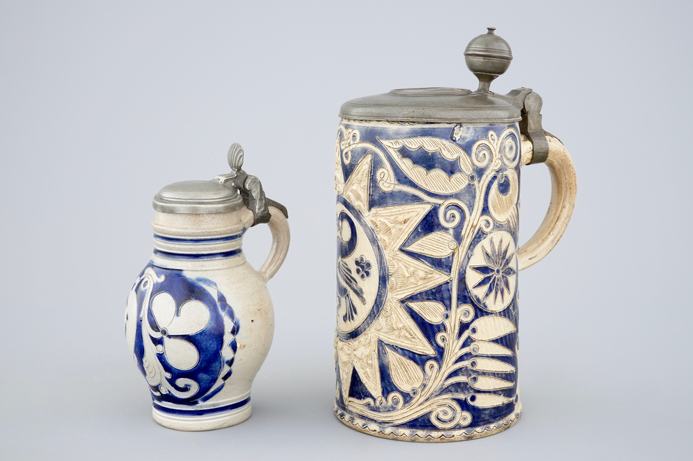 Two Westerwald stoneware pewter-mounted jugs, 17/18th C.