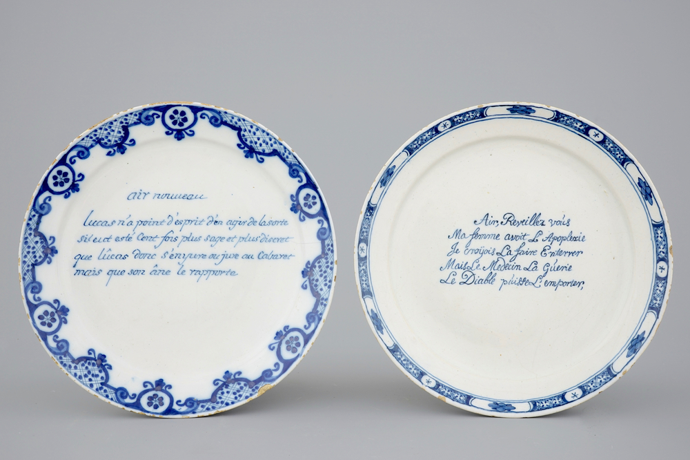 Two Dutch Delft text plates for the French market, 18th C.