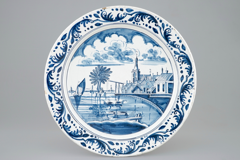 A blue and white landscape dish, Harlingen, Friesland, 18th C.