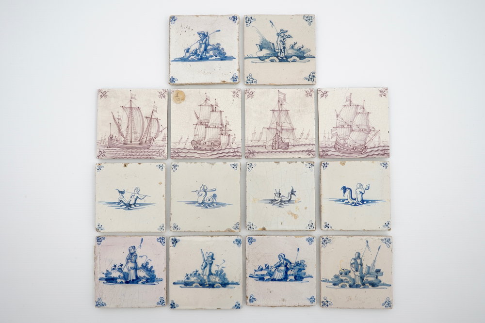 A set of 14 antique blue, white and manganese Delft tiles, 17/19th C.