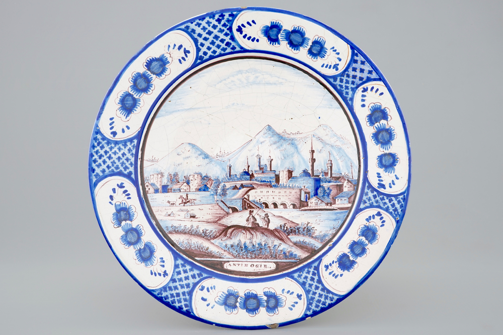 A blue, white and manganese dish with a landscape view, Harlingen, Friesland, 19th C.