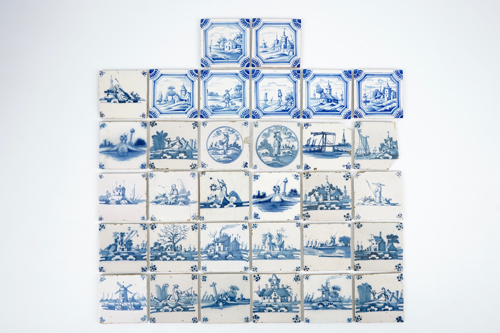 A set of 32 antique Dutch Delft blue and white tiles, 18/19th C.