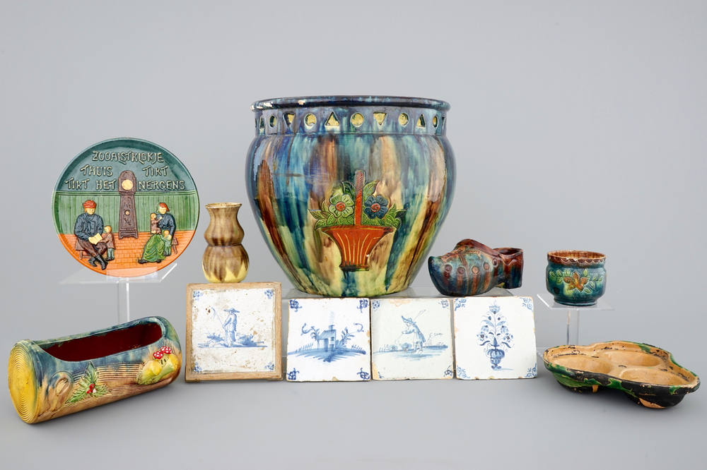 A collection of Flemish pottery and a few Delft tiles, 18/20th C.