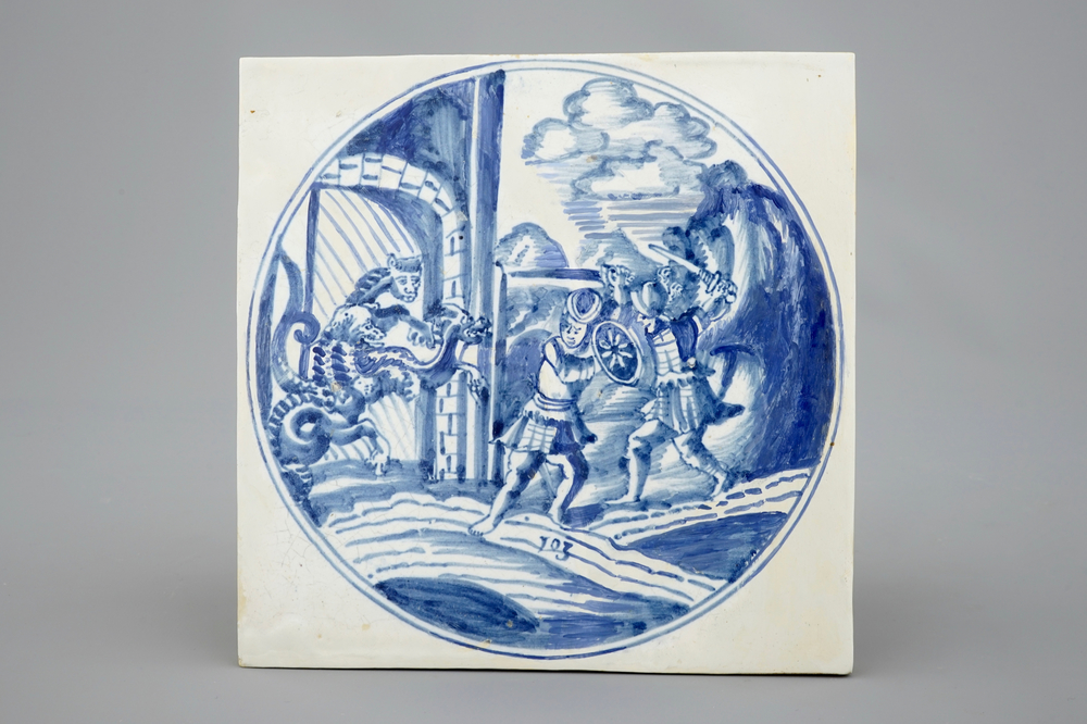 A rare blue and white mythological Delft tile of large size, Harlingen, Friesland, 18th C.