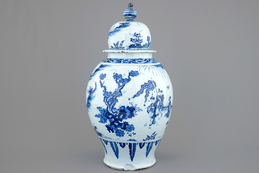 A massive blue and white Delftware chinoiserie jar and cover, Nevers, 17th C.