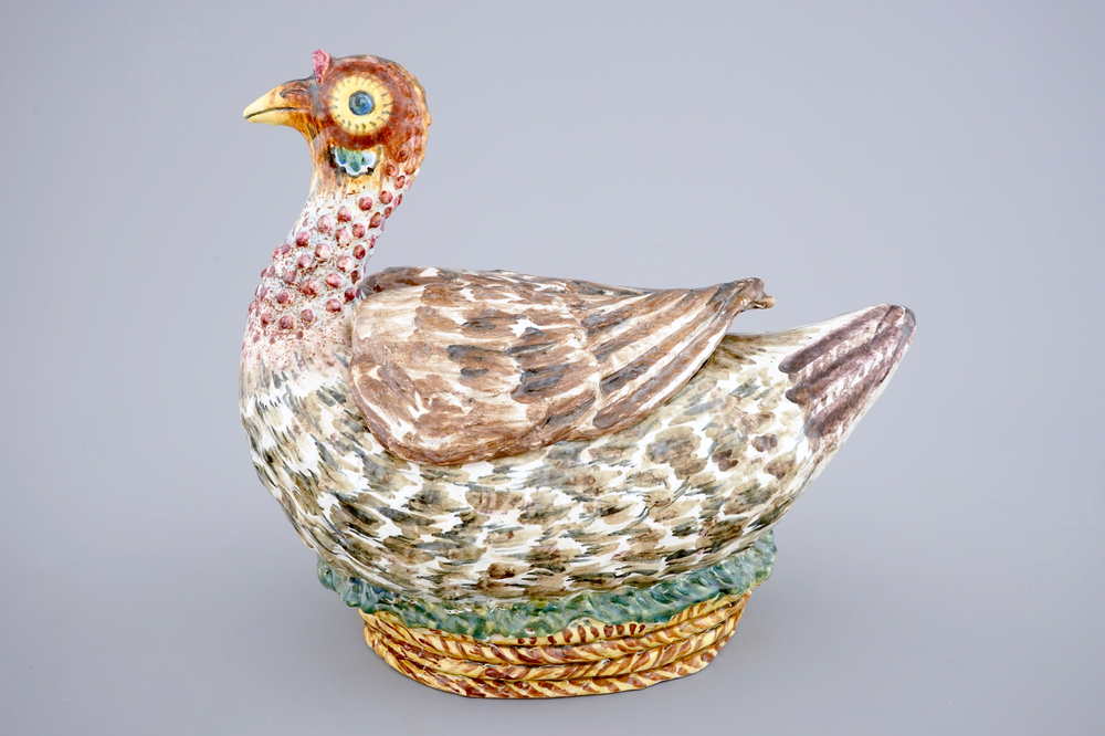 A French faience polychrome duck-shaped tureen and cover, 18/19th C.