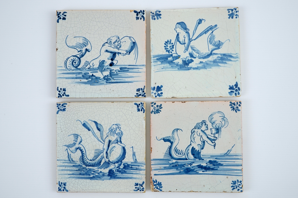 A set of 4 Delft tiles with sea creatures, Ghent, 17th C.