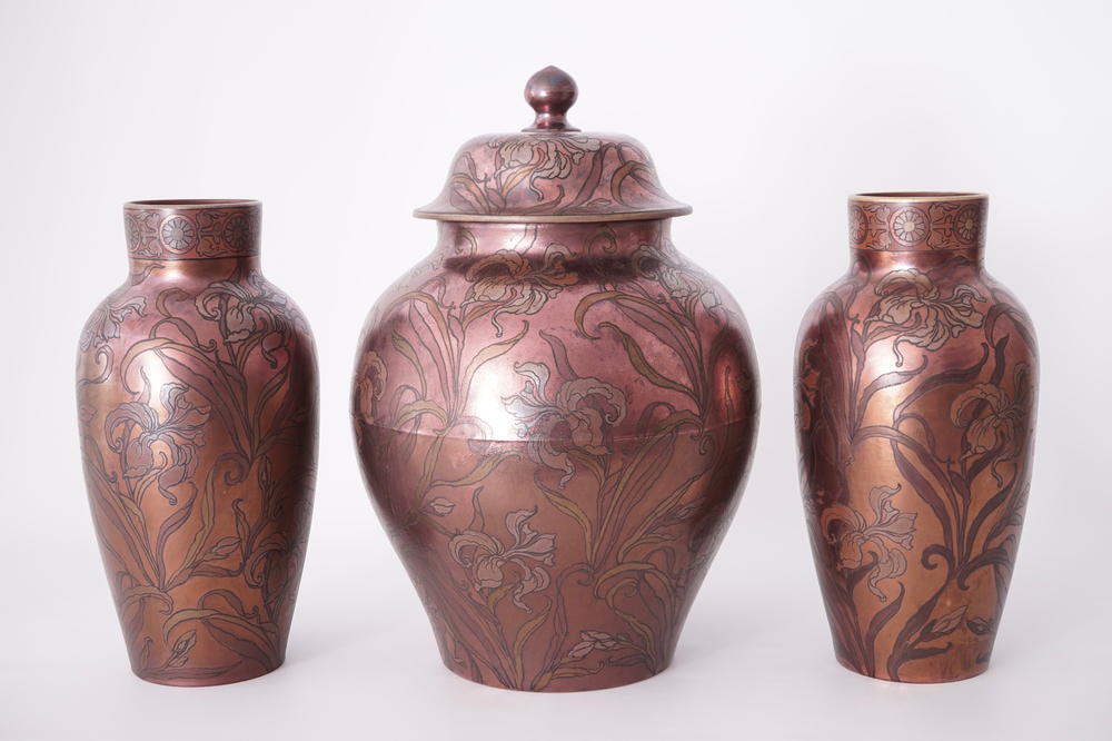 A tall three-piece Art Nouveau luster-glazed vase garniture, Boch Fr&egrave;res K&eacute;ramis
