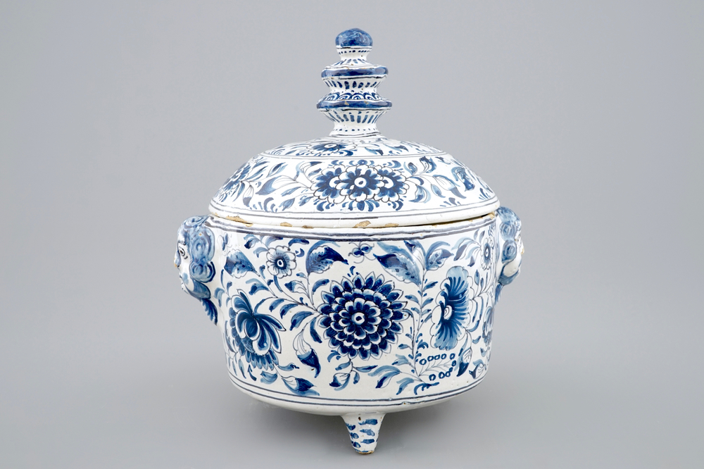 A blue and white floral bowl and cover, Harlingen, Friesland, 18th C.
