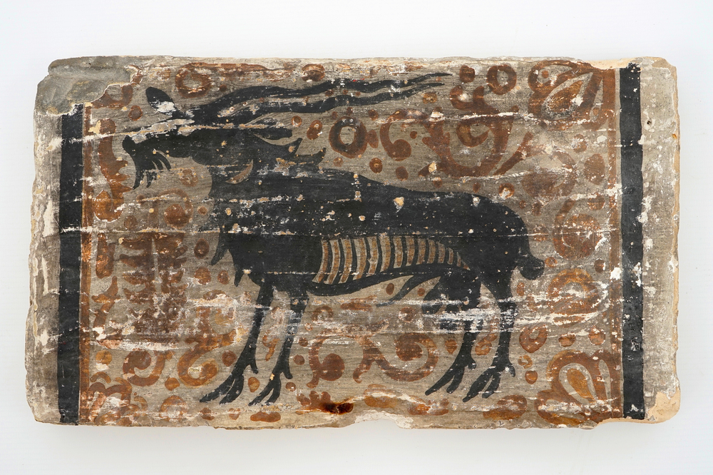 A Spanish socarrat or roof tile with a buck, Paterna, 14/15th C.