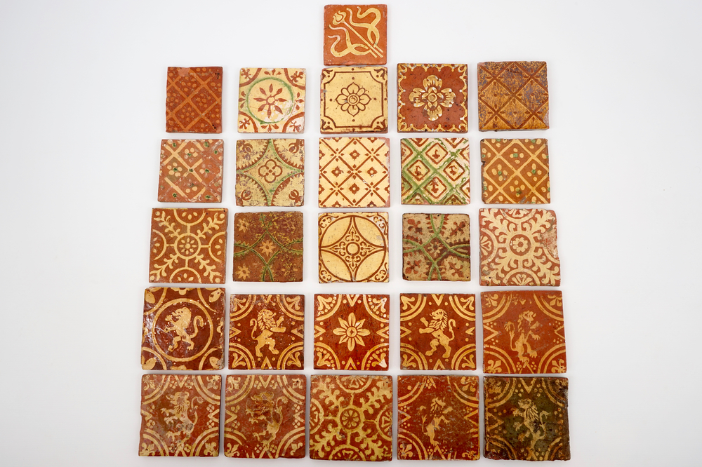 A lot of Flemish decorated redware tiles in medieval style, 17/19th C.