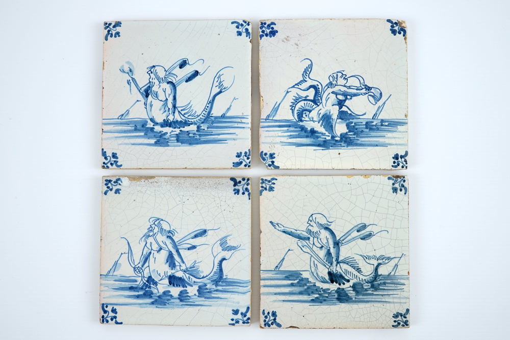 4 carreaux de Delft aux monstres marins, Gand, 17&egrave;me