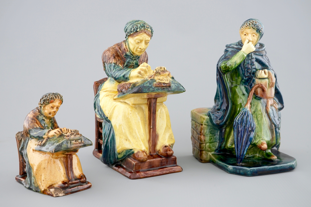 Two Flemish pottery lacemakers and a market lady, 1st half 20th C.