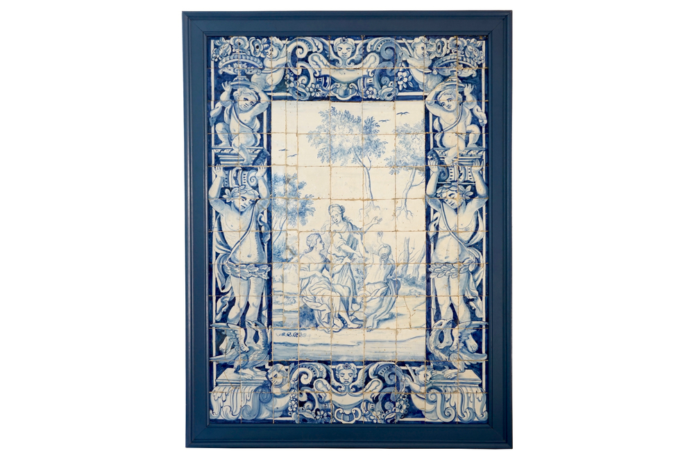 A large blue and white Portugese tile panel with a mythological scene, 17th C.