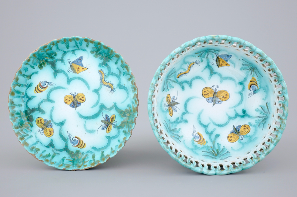 A Brussels faience basket on stand with butterflies and caterpillars, 18th C.