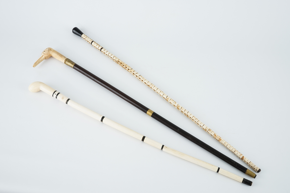 A set of three ivory and bone walkinig canes, 19th C.