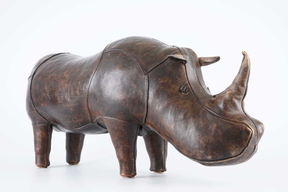 A leather footstool shaped like a rhino, Dimitri Omersa, mid 20th C.