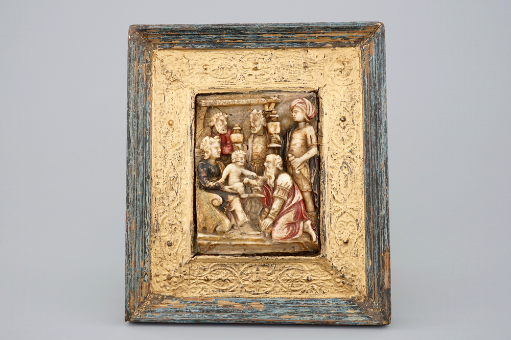 A polychrome Malines alabaster relief: &quot;The adoration of the magi&quot;, ca. 1600